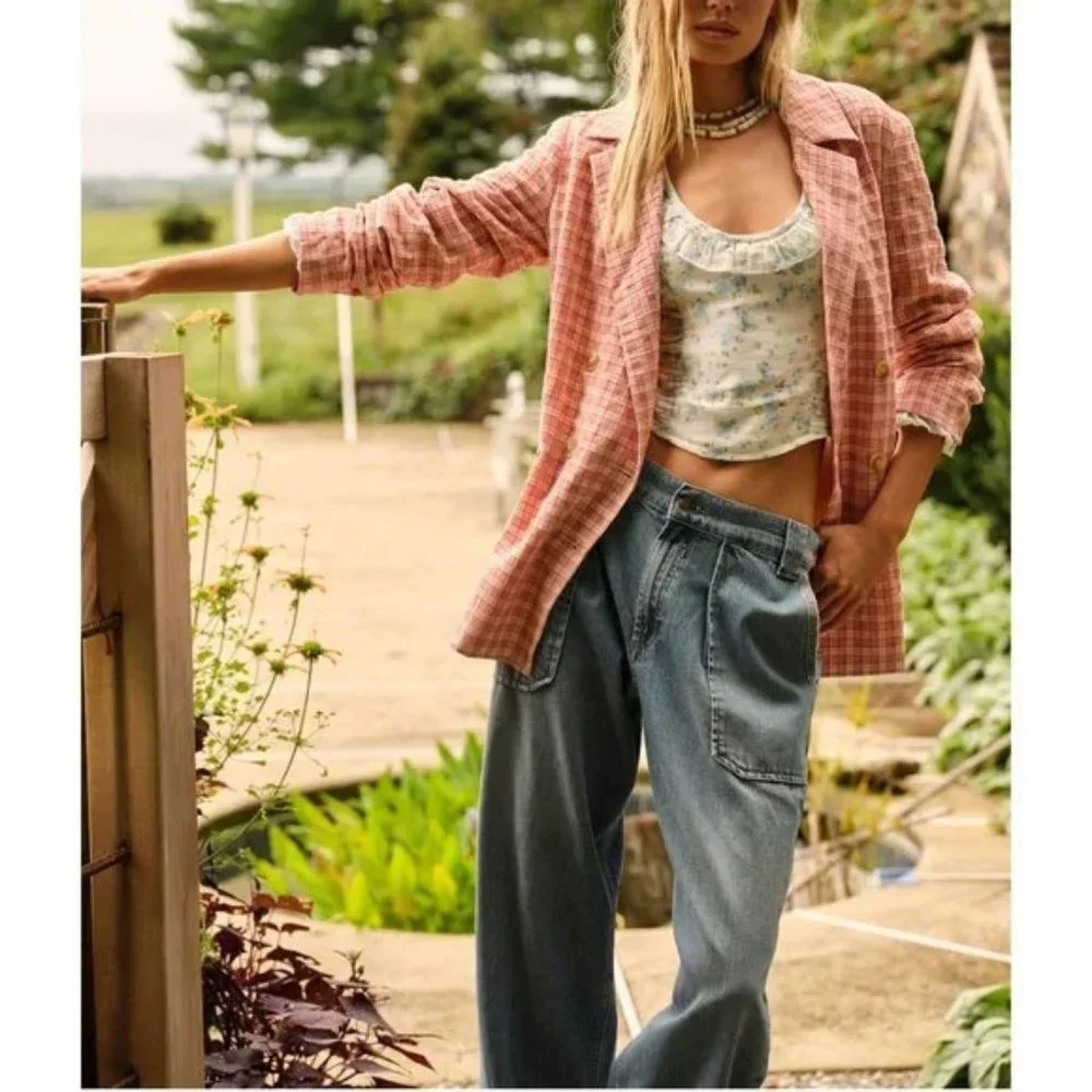 NWT FREE PEOPLE Pink/Rose Olivia Gingham Lightweight Blazer Trench Jacke… - Picture 2 of 16